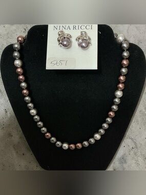 Nina Ricci SilverPearl Earrings with Pearl Necklace